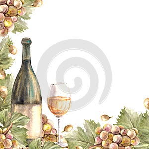 Watercolor frame bunch of grapes, leaves with glass and bottle of wine. hand painted illustration