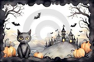 Watercolor frame of castles, bats, cats and pumpkins for cute Halloween day celebration, Generative AI