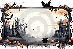 Watercolor frame of castles, bats, cats and pumpkins for cute Halloween day celebration, Generative AI