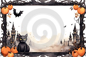 Watercolor frame of castles, bats, cats and pumpkins for cute Halloween day celebration, Generative AI