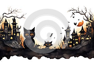 Watercolor frame of castles, bats, cats and pumpkins for cute Halloween day celebration, Generative AI