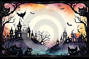 Watercolor frame of castles, bats, cats and pumpkins for cute Halloween day celebration, Generative AI