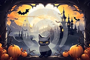 Watercolor frame of castles, bats, cats and pumpkins for cute Halloween day celebration, Generative AI