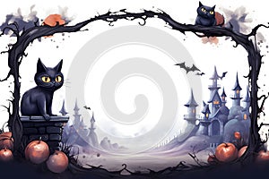 Watercolor frame of castles, bats, cats and pumpkins for cute Halloween day celebration, Generative AI