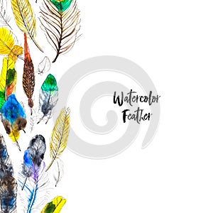 Watercolor frame with colorful feathers on white background