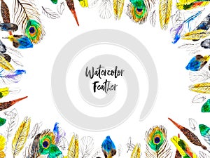 Watercolor frame with colorful feathers on white background