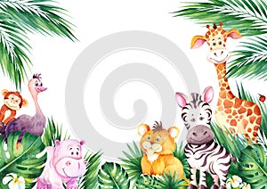 Watercolor frame with cute african cartoon animals.