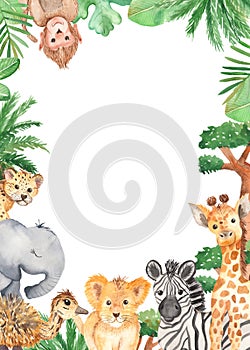 Watercolor frame with cute cartoon animals of Africa.
