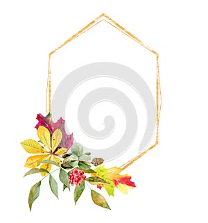 Watercolor frame with fall bouquet and golden texture