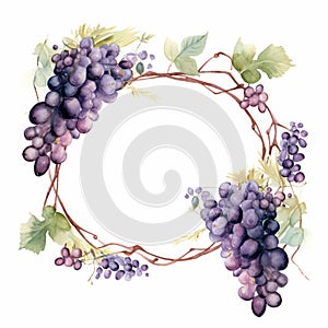 A watercolor frame featuring vines, grapes, and lavender flowers in shades of violet,