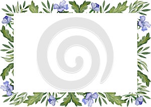 Watercolor frame with green leaves and twigs, blue flowers. Square picture, landscape orientation.