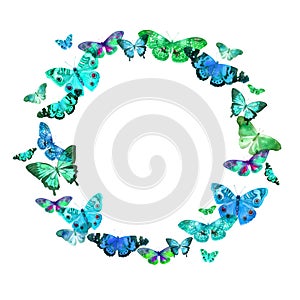 Watercolor frame with the image of transparent butterflies in green and blue colors on a white background