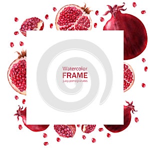 Watercolor frame Juicy ripe pomegranates