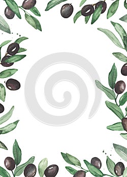 Watercolor frame with olives and leaves rectangular for wedding, cards, invitations