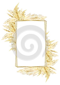 Watercolor frame pampas graas for design boho and modern style, feathery flower head plumes for wedding invintation, baby shower