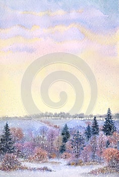 Watercolor frame. Sunset over the winter valley