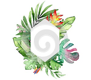 Watercolor frame with tropical leaves and flowers. Invitation. Place for your text. Wedding. Tropical frame