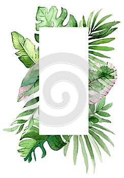 Watercolor frame with tropical leaves and flowers. Invitation. Place for your text. Wedding. Tropical frame