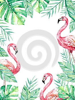 Watercolor frame with tropical summer floral and animal.