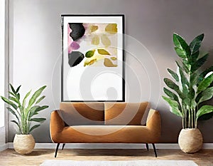 Watercolor of of framed posters on a dark wall in a living