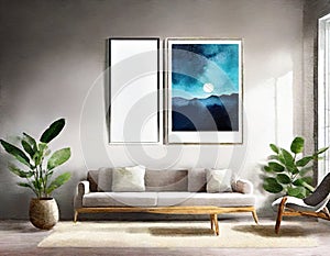 Watercolor of of framed posters on a dark wall in a living