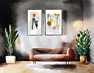 Watercolor of of framed posters on a dark wall in a living