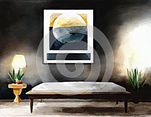 Watercolor of of framed posters on a dark wall in a living