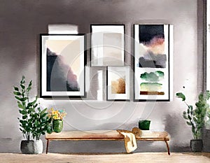 Watercolor of of framed posters on a dark wall in a living