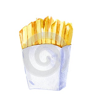 Watercolor french fry in white paper wrapping. Fast food. Hand drawn illustration isolated on white background.