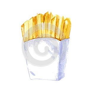 Watercolor french fry in white paper wrapping. Fast food. Hand drawn illustration isolated on white background. Vector