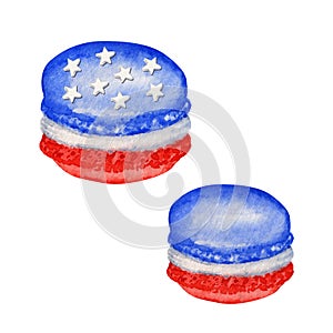 Watercolor French macaron cakes in the colors of the USA flag. For sweet meringue american patriotic design compositions