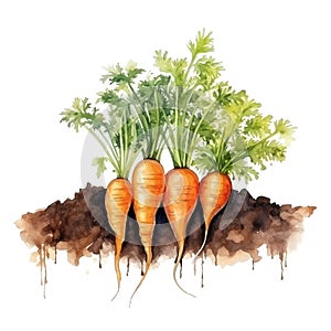 Watercolor fresh carrots with tops in soil isolated on white background