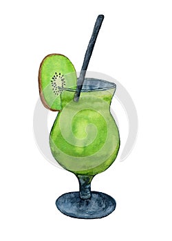 Watercolor fresh cocktail with kiwi fruit. Isolated illustration for menu decoration or fashion print design.