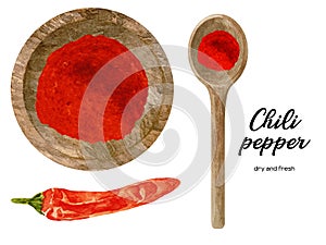 Watercolor fresh and dry red hot chili pepper in wooden bowl and spoon. Kitchen spices and herbs set