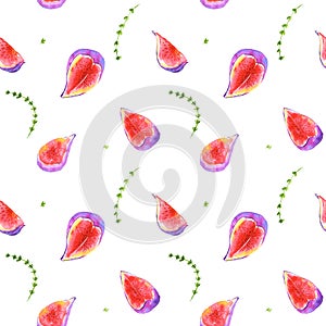 Watercolor fresh fruit figs and thyme herbs seamless pattern. Hand drawn mage for fabric, textile, fashion, packaging , wallpaper