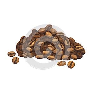 Watercolor fresh roasted brown group pile of coffee beans. Hand-drawn illustration isolated on white background.Perfect