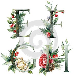 Watercolor frolal letters set of E, F, G, H with rose flowers. Hand painted alphabet symbols of plants isolated on white