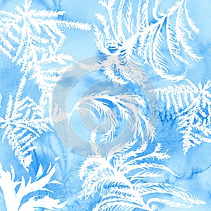 Watercolor frost texture with hand drawn frozen tracery. Blue winter background