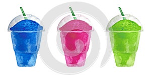 Watercolor frosty ice raspberry, pink, blue and green berry smoothie slush in a clear plastic container with a straw