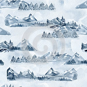 Watercolor frozen mountaine landcape seamless pattern with forest tree on snow texture background photo