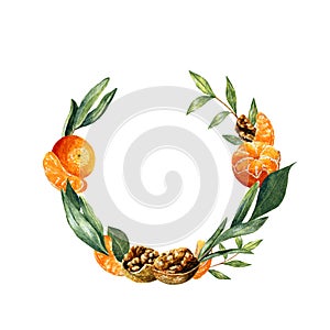 Watercolor fruit and greenery wreath. Semi round frame with walnuts, tangerins and leaves