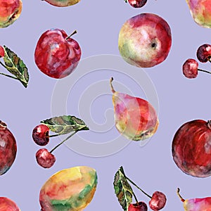 Watercolor fruit seamless pattern. Violet background.