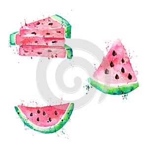 Watercolor fruit set watermelons, slices watermelon with seeds and paint splashes.  Isolate