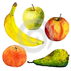 Watercolor fruits. Illustration on white background. Banana, apples, pear, mandarin.