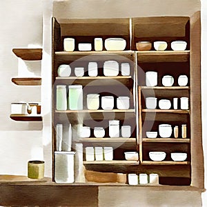 Watercolor of full kitchen pantry food storage