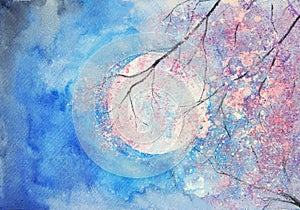Watercolor full moon and pink tree landscape