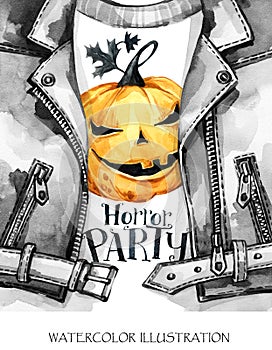 Watercolor fun illustration. Halloween card. Hand painted leather jacket with holiday pumpkin print . Rock style girl