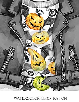 Watercolor fun illustration. Halloween card. Hand painted leather jacket with pumpkin vampires print . Rock style girl