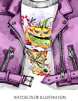 Watercolor fun illustration. Halloween. Hand painted leather jacket with print. Waffle cone, pumpkin with poisonous