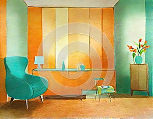 Watercolor of Funky retro living room